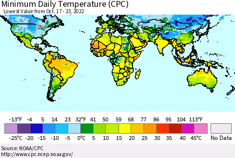World Minimum Daily Temperature (CPC) Thematic Map For 10/17/2022 - 10/23/2022