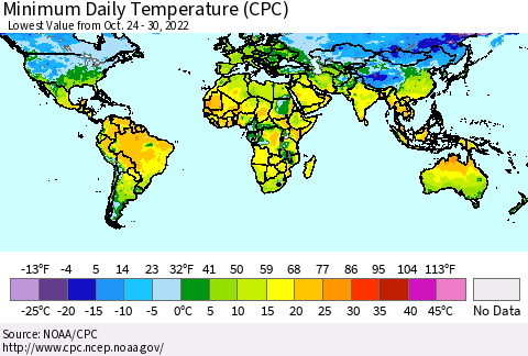 World Minimum Daily Temperature (CPC) Thematic Map For 10/24/2022 - 10/30/2022