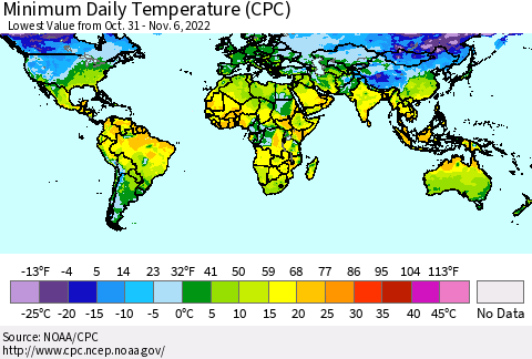 World Minimum Daily Temperature (CPC) Thematic Map For 10/31/2022 - 11/6/2022