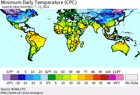 World Minimum Daily Temperature (CPC) Thematic Map For 11/7/2022 - 11/13/2022