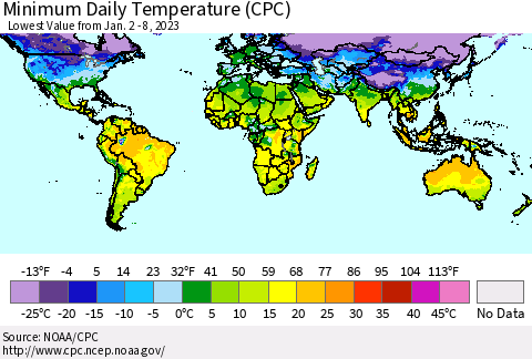 World Minimum Daily Temperature (CPC) Thematic Map For 1/2/2023 - 1/8/2023