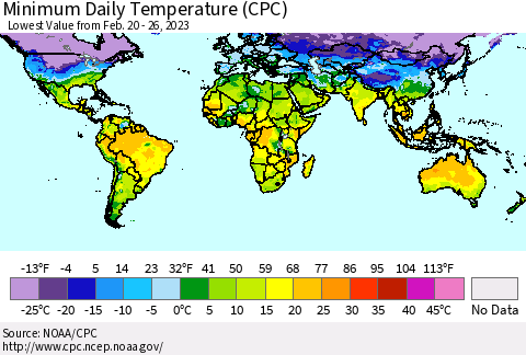 World Minimum Daily Temperature (CPC) Thematic Map For 2/20/2023 - 2/26/2023
