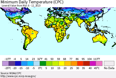 World Minimum Daily Temperature (CPC) Thematic Map For 3/6/2023 - 3/12/2023