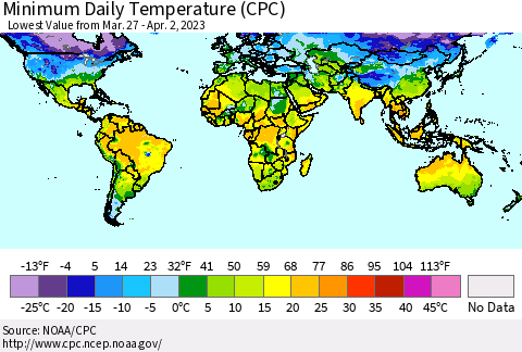 World Minimum Daily Temperature (CPC) Thematic Map For 3/27/2023 - 4/2/2023