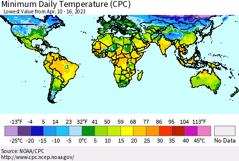 World Minimum Daily Temperature (CPC) Thematic Map For 4/10/2023 - 4/16/2023