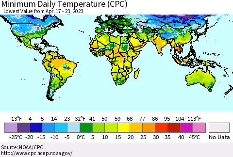 World Minimum Daily Temperature (CPC) Thematic Map For 4/17/2023 - 4/23/2023