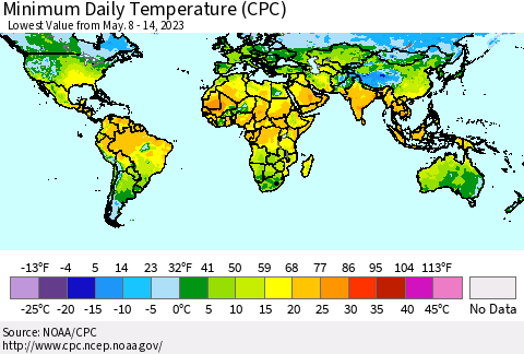 World Minimum Daily Temperature (CPC) Thematic Map For 5/8/2023 - 5/14/2023