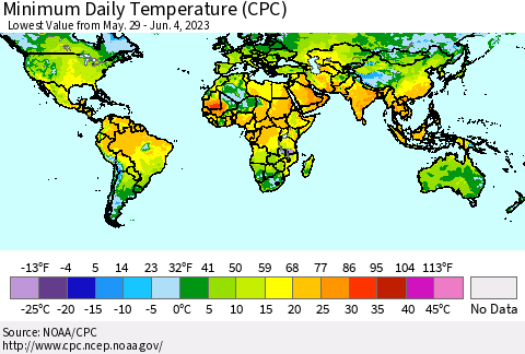 World Minimum Daily Temperature (CPC) Thematic Map For 5/29/2023 - 6/4/2023