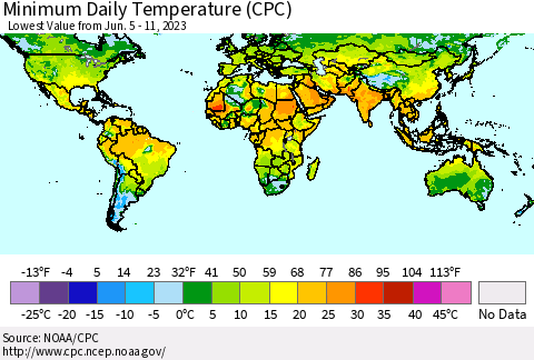 World Minimum Daily Temperature (CPC) Thematic Map For 6/5/2023 - 6/11/2023