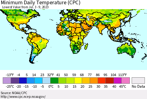 World Minimum Daily Temperature (CPC) Thematic Map For 7/3/2023 - 7/9/2023