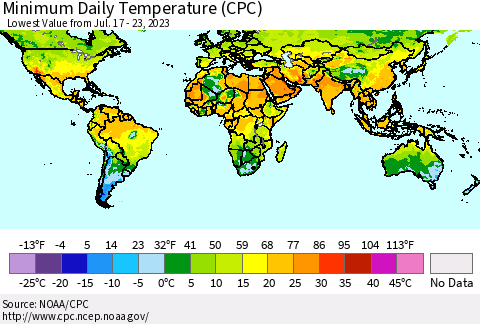 World Minimum Daily Temperature (CPC) Thematic Map For 7/17/2023 - 7/23/2023