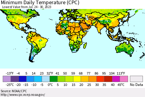 World Minimum Daily Temperature (CPC) Thematic Map For 7/24/2023 - 7/30/2023