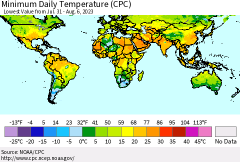 World Minimum Daily Temperature (CPC) Thematic Map For 7/31/2023 - 8/6/2023