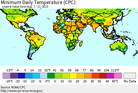 World Minimum Daily Temperature (CPC) Thematic Map For 8/7/2023 - 8/13/2023