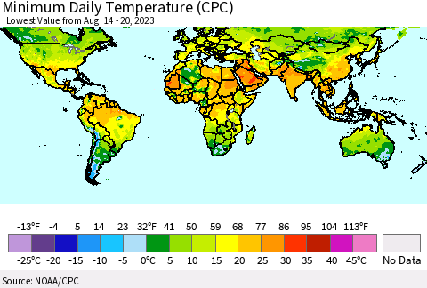 World Minimum Daily Temperature (CPC) Thematic Map For 8/14/2023 - 8/20/2023