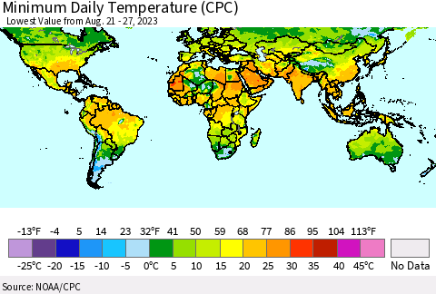 World Minimum Daily Temperature (CPC) Thematic Map For 8/21/2023 - 8/27/2023