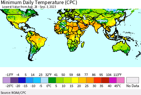 World Minimum Daily Temperature (CPC) Thematic Map For 8/28/2023 - 9/3/2023