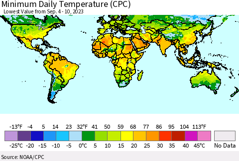 World Minimum Daily Temperature (CPC) Thematic Map For 9/4/2023 - 9/10/2023