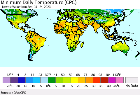 World Minimum Daily Temperature (CPC) Thematic Map For 9/18/2023 - 9/24/2023