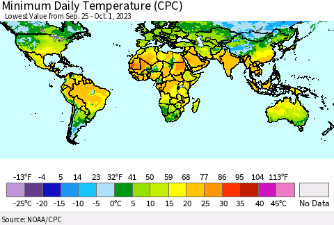 World Minimum Daily Temperature (CPC) Thematic Map For 9/25/2023 - 10/1/2023