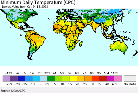 World Minimum Daily Temperature (CPC) Thematic Map For 10/9/2023 - 10/15/2023