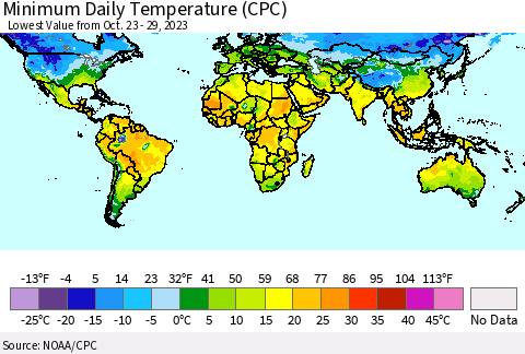 World Minimum Daily Temperature (CPC) Thematic Map For 10/23/2023 - 10/29/2023