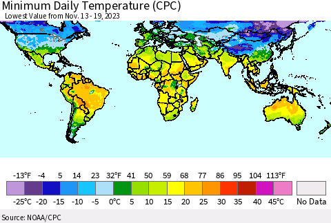 World Minimum Daily Temperature (CPC) Thematic Map For 11/13/2023 - 11/19/2023