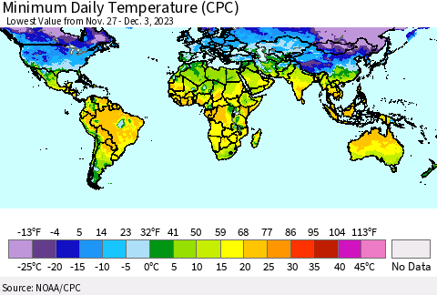 World Minimum Daily Temperature (CPC) Thematic Map For 11/27/2023 - 12/3/2023