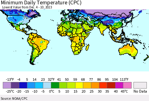 World Minimum Daily Temperature (CPC) Thematic Map For 12/4/2023 - 12/10/2023