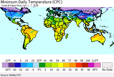 World Minimum Daily Temperature (CPC) Thematic Map For 1/1/2024 - 1/7/2024