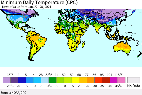 World Minimum Daily Temperature (CPC) Thematic Map For 1/22/2024 - 1/28/2024