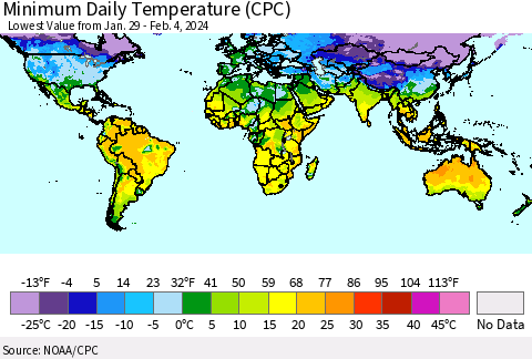 World Minimum Daily Temperature (CPC) Thematic Map For 1/29/2024 - 2/4/2024