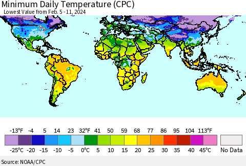 World Minimum Daily Temperature (CPC) Thematic Map For 2/5/2024 - 2/11/2024