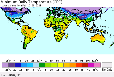 World Minimum Daily Temperature (CPC) Thematic Map For 2/12/2024 - 2/18/2024