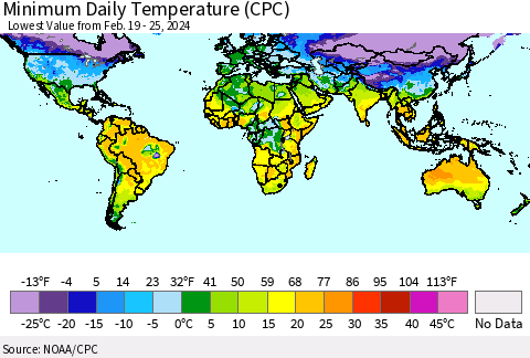 World Minimum Daily Temperature (CPC) Thematic Map For 2/19/2024 - 2/25/2024
