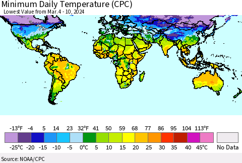 World Minimum Daily Temperature (CPC) Thematic Map For 3/4/2024 - 3/10/2024