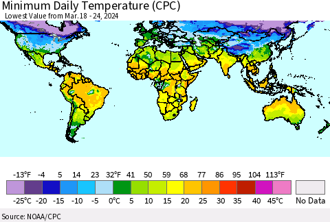 World Minimum Daily Temperature (CPC) Thematic Map For 3/18/2024 - 3/24/2024