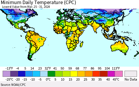 World Minimum Daily Temperature (CPC) Thematic Map For 3/25/2024 - 3/31/2024