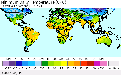 World Minimum Daily Temperature (CPC) Thematic Map For 4/8/2024 - 4/14/2024