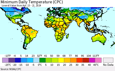 World Minimum Daily Temperature (CPC) Thematic Map For 4/15/2024 - 4/21/2024