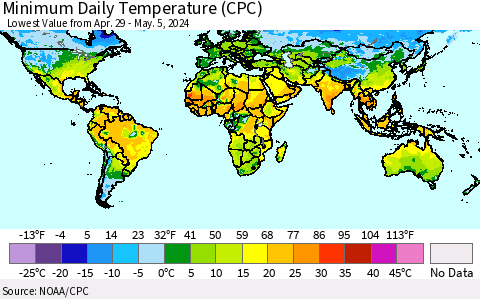 World Minimum Daily Temperature (CPC) Thematic Map For 4/29/2024 - 5/5/2024