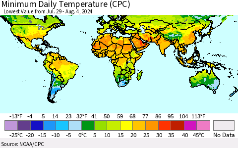 World Minimum Daily Temperature (CPC) Thematic Map For 7/29/2024 - 8/4/2024