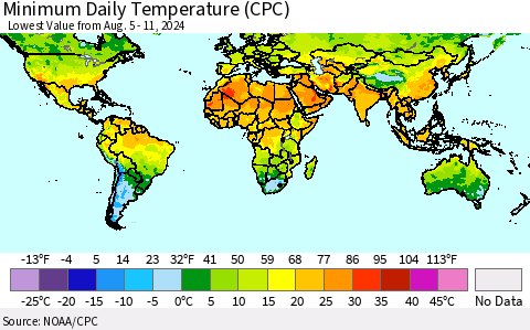 World Minimum Daily Temperature (CPC) Thematic Map For 8/5/2024 - 8/11/2024