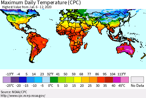 World Maximum Daily Temperature (CPC) Thematic Map For 1/6/2020 - 1/12/2020