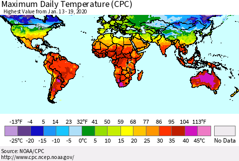 World Maximum Daily Temperature (CPC) Thematic Map For 1/13/2020 - 1/19/2020