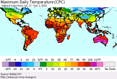 World Maximum Daily Temperature (CPC) Thematic Map For 1/27/2020 - 2/2/2020
