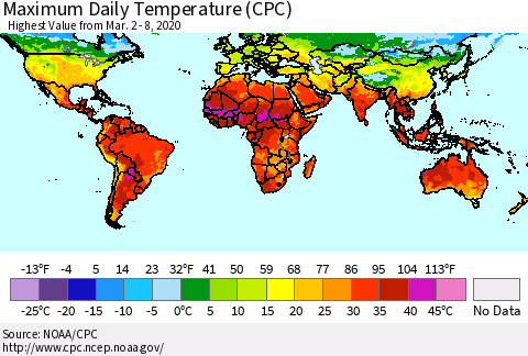 World Maximum Daily Temperature (CPC) Thematic Map For 3/2/2020 - 3/8/2020