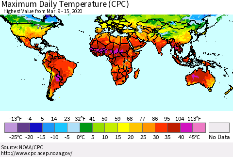 World Maximum Daily Temperature (CPC) Thematic Map For 3/9/2020 - 3/15/2020