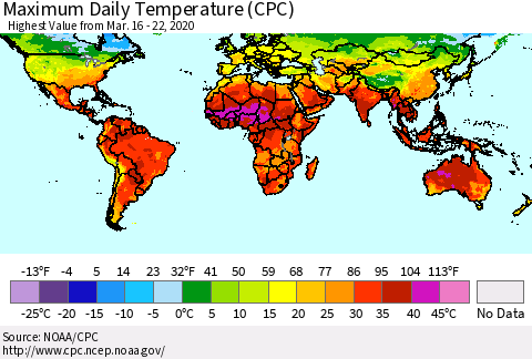 World Maximum Daily Temperature (CPC) Thematic Map For 3/16/2020 - 3/22/2020