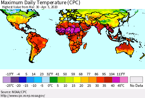 World Maximum Daily Temperature (CPC) Thematic Map For 3/30/2020 - 4/5/2020
